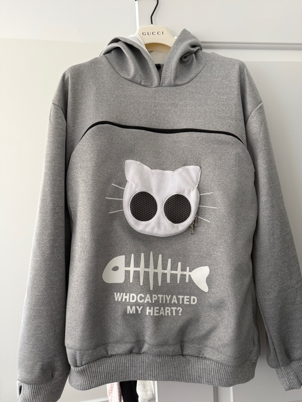 Gray Cat-Face Pet Hoodie with Fishbone Graphic